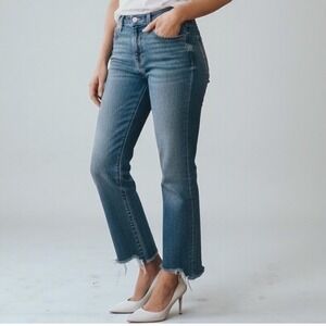 7 For All Mankind Cropped Flare Jeans Raw Hem Distressed Blue Denim Size 26
